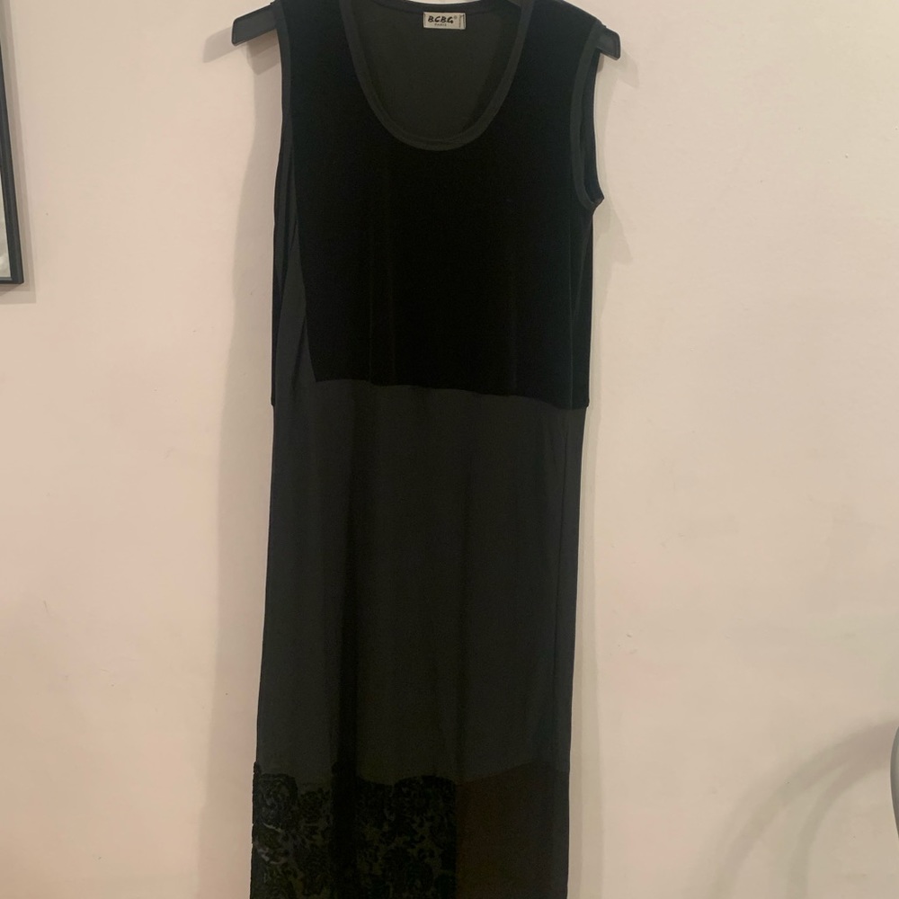 BCBG long black sleeveless dress with velvet top